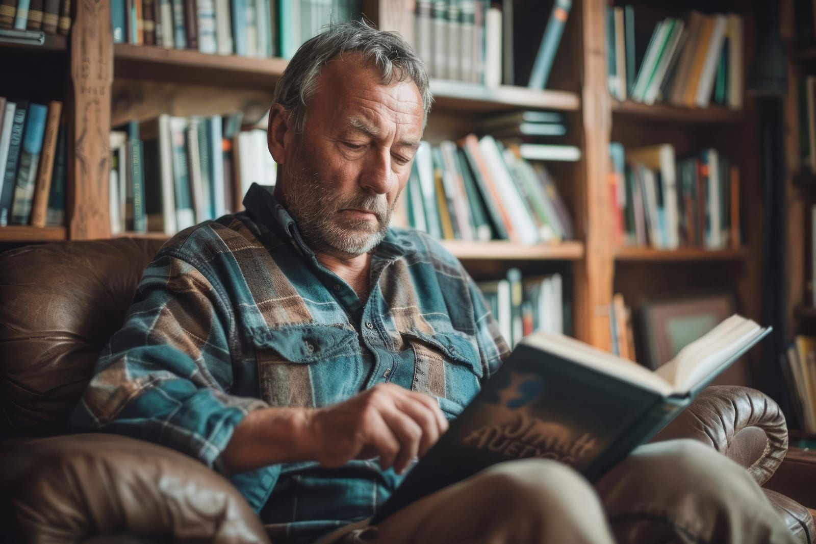 Leitor em poltrona de couro, folheando um livro perto de estantes cheias em uma sala de leitura.