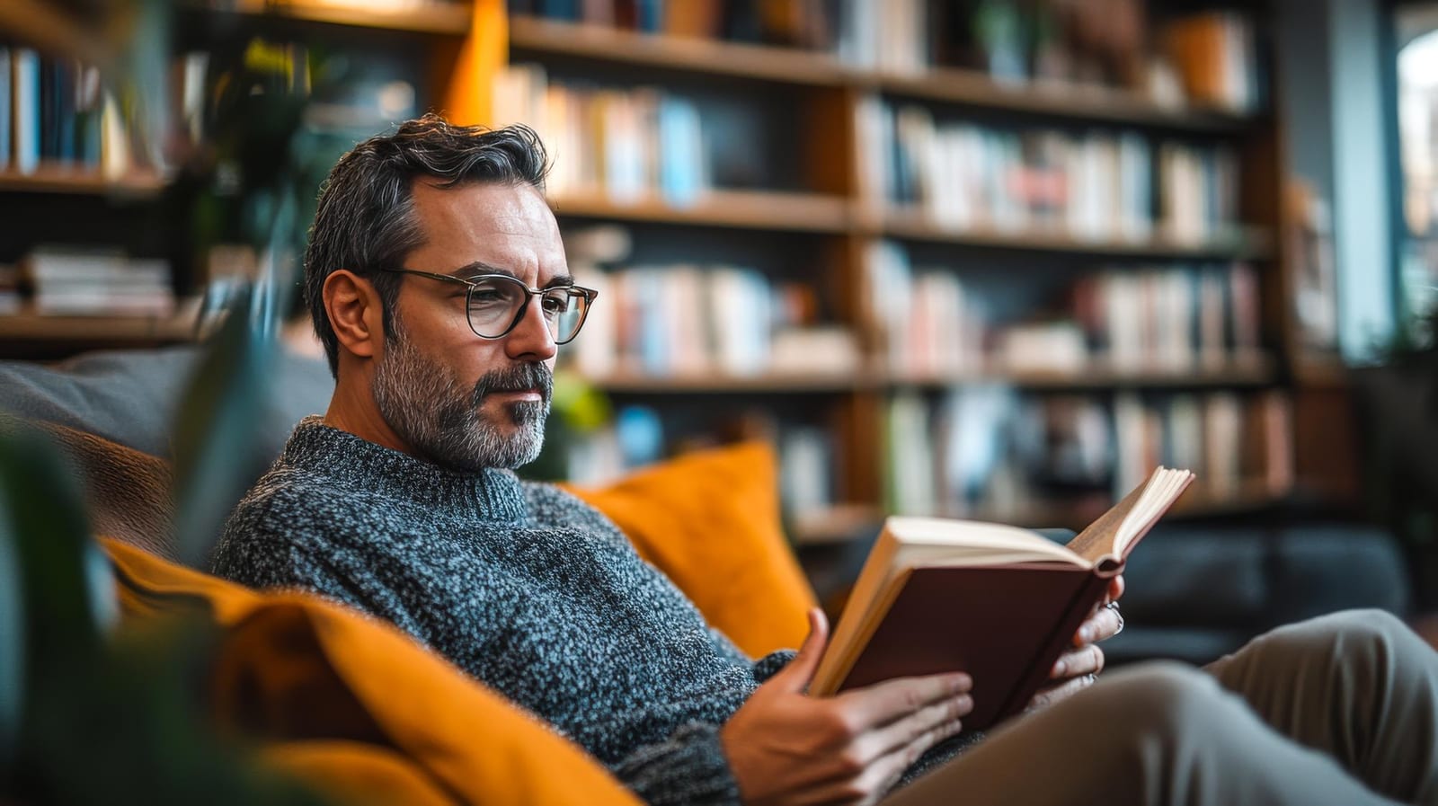 Homem sentado em ambiente aconchegante e minimalista, participando de um encontro de leitura com um livro nas mãos.